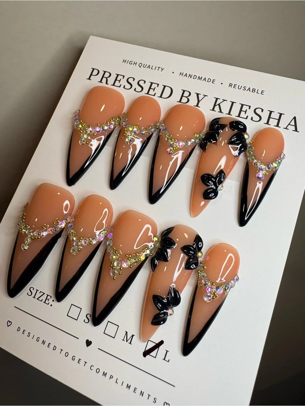 Nude & Black Stiletto Press-Ons with Rhinestones